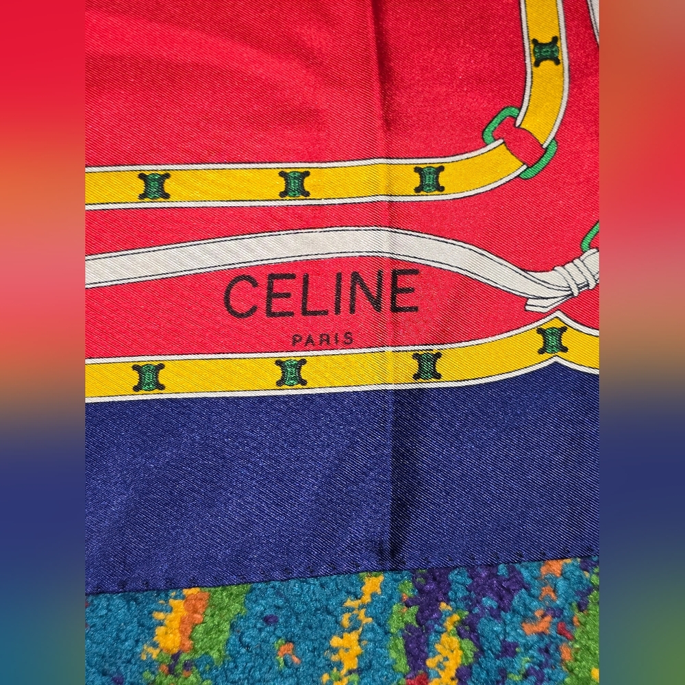 Celine Red, Blue, White And Gold 100% Silk Scarf 26x26 - Picture 3 of 4